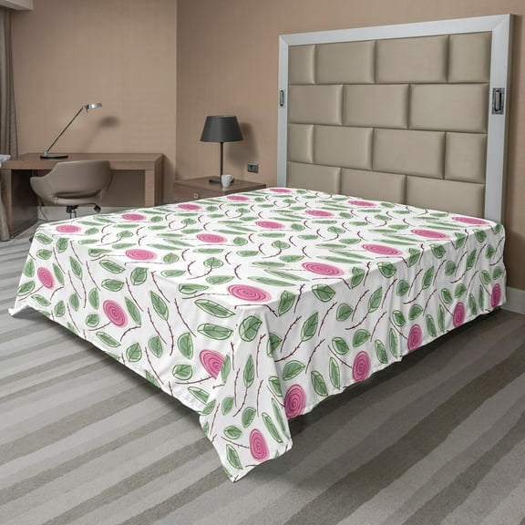 Ambesonne Floral Flat Sheet, Spiraling Roses with Leaves, King Size, Reseda Green Pink White