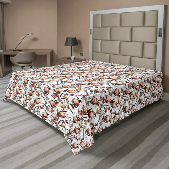 Ambesonne Floral Flat Sheet, Spring Blossom Petals Art, Queen Size, White and Multicolor