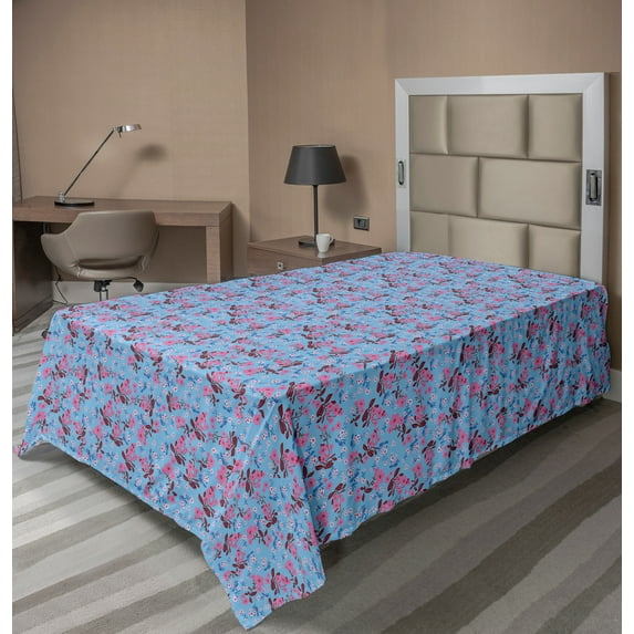 Ambesonne Floral Flat Sheet, Spring Blossoms Graphic Art, Twin Size, Pale Sky Blue Multicolor