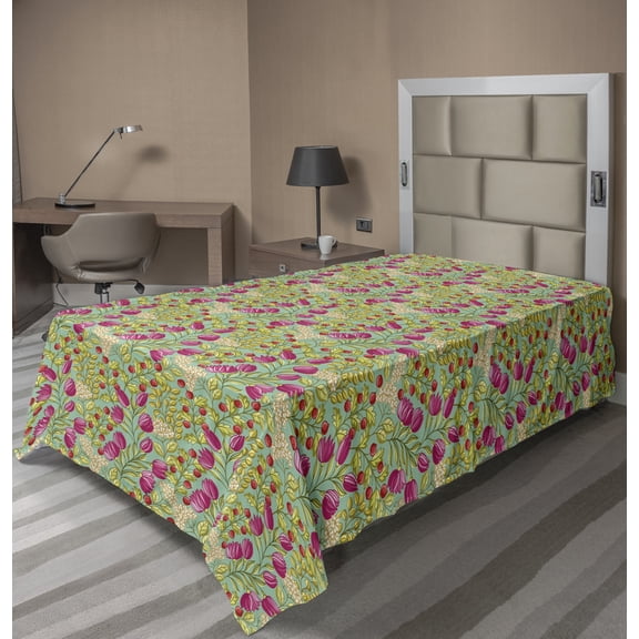 Ambesonne Floral Flat Sheet, Spring Botany Leaves Flowers, TwinXL Size, Seafoam Pink and Green