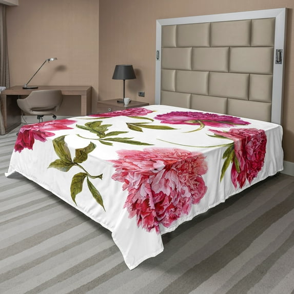 Ambesonne Floral Flat Sheet, Spring Buds Vivid Tones, Full Size, Olive Green Magenta