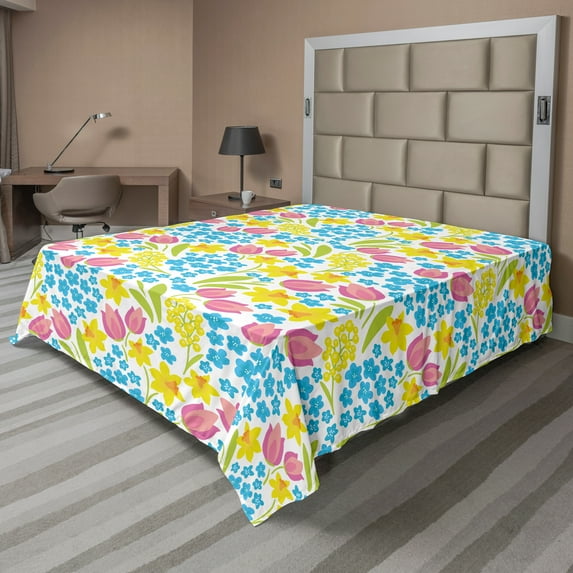 Ambesonne Floral Flat Sheet, Spring Daffodil Tulip Mimosa, Full Size, White and Multicolor