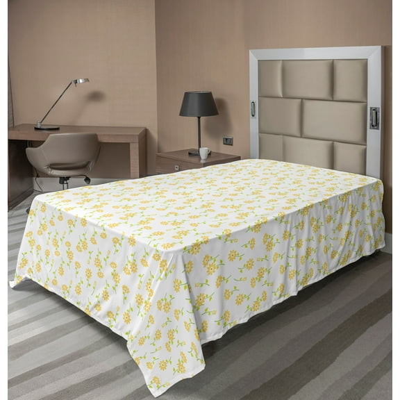 Ambesonne Floral Flat Sheet, Spring Flourishes Tulips, Twin Size, Mustard Yellow Green