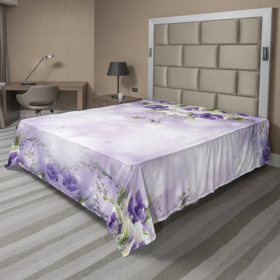 Ambesonne Floral Flat Sheet, Spring Flower Bloom, California King, Lilac Purple Green