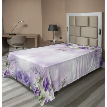Ambesonne Floral Flat Sheet, Spring Flower Bloom, TwinXL Size, Lilac Purple Green