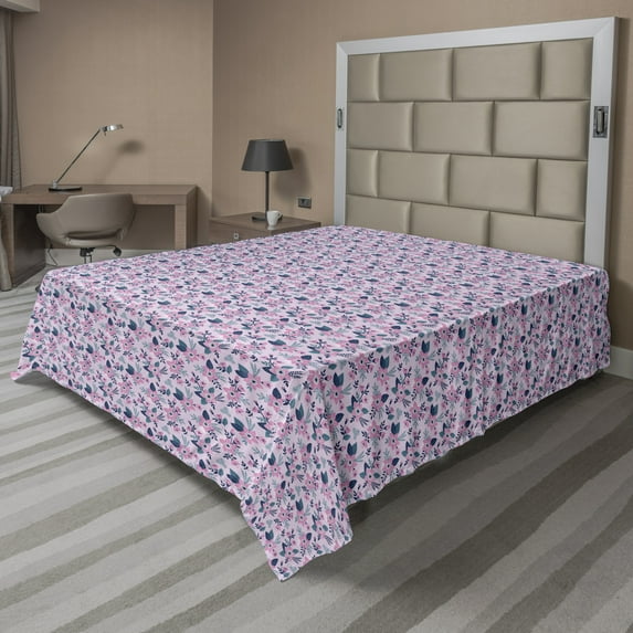 Ambesonne Floral Flat Sheet, Spring Flower Petals Bouquet, King Size, Purple Slate Blue