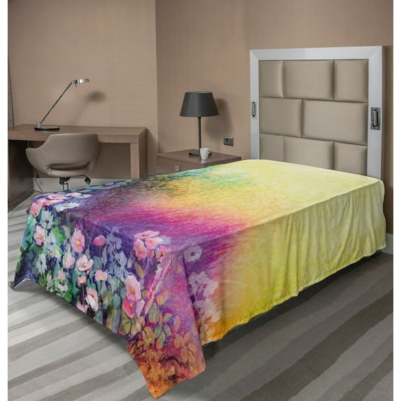 Ambesonne Floral Flat Sheet, Spring Flowers Ivy Art, Twin Size, Purple Yellow Multicolor