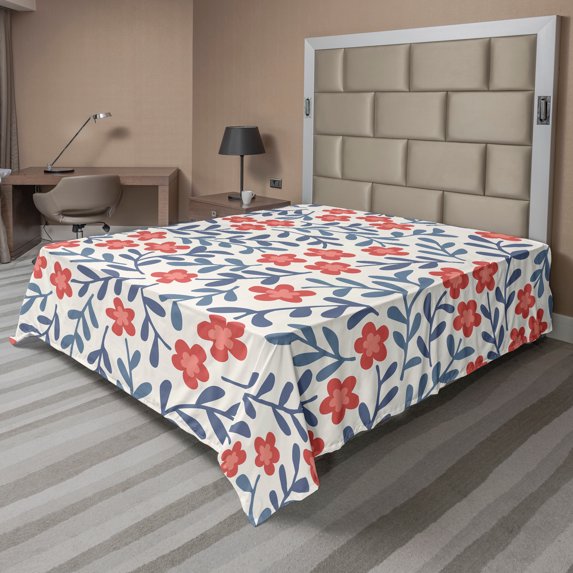 Ambesonne Floral Flat Sheet, Spring Imagery Vintage, King Size, Cadet Blue Coral Cream
