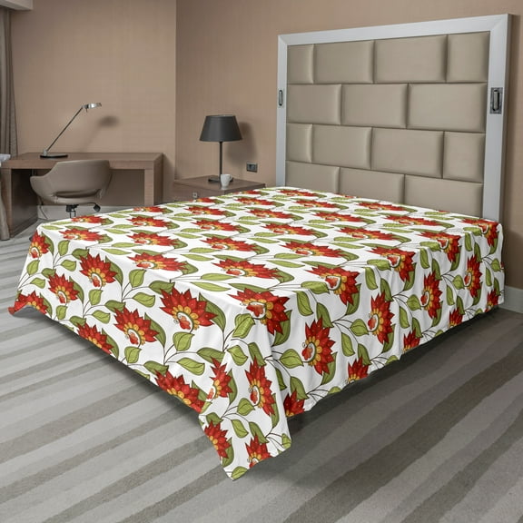 Ambesonne Floral Flat Sheet, Spring Leaves and Flowers, King Size, Vermilion Olive Green