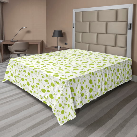 Ambesonne Floral Flat Sheet, Spring Leaves on Branches, Full Size, Lime Green White