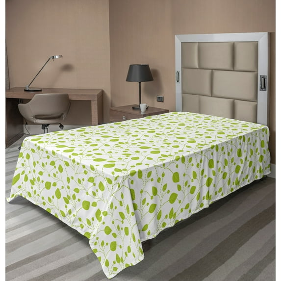 Ambesonne Floral Flat Sheet, Spring Leaves on Branches, TwinXL Size, Lime Green White