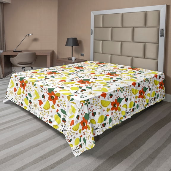 Ambesonne Floral Flat Sheet, Spring Lemons Leaves, Queen Size, Red Yellow Forest Green