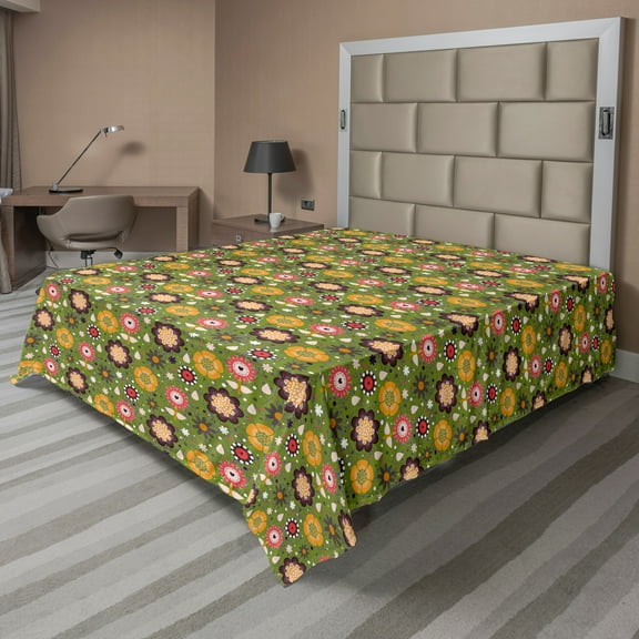 Ambesonne Floral Flat Sheet, Spring Nature Flowers, King Size, Olive Green Multicolor