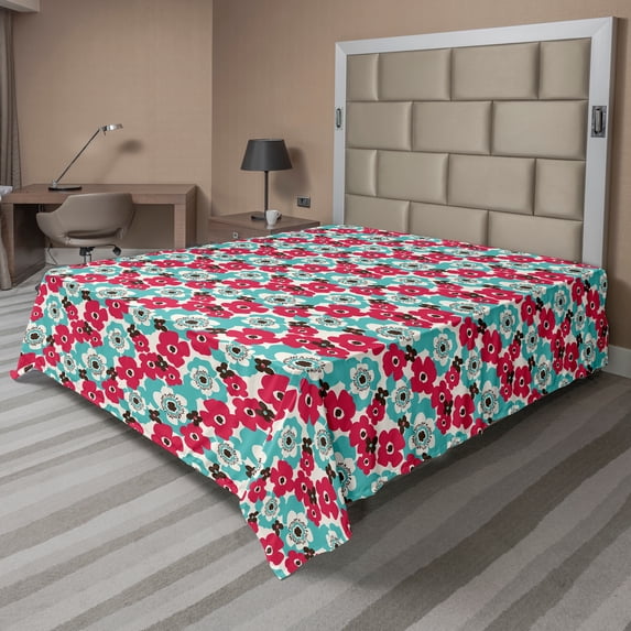 Ambesonne Floral Flat Sheet, Spring Nature Retro Sixties, Queen Size, Dark Coral Blue