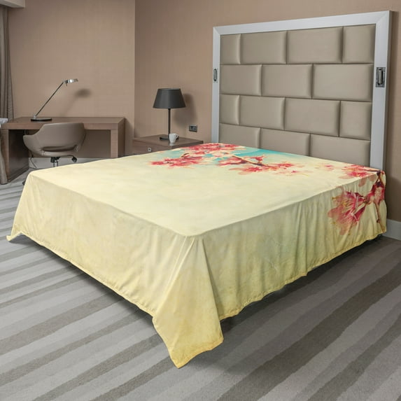 Ambesonne Floral Flat Sheet, Spring Sakura Vintage, Full Size, Beige Pink Teal
