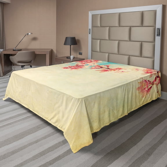 Ambesonne Floral Flat Sheet, Spring Sakura Vintage, Full Size, Beige Pink Teal