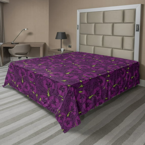 Ambesonne Floral Flat Sheet, Spring Season Petal Romantic, California King, Purple and Green