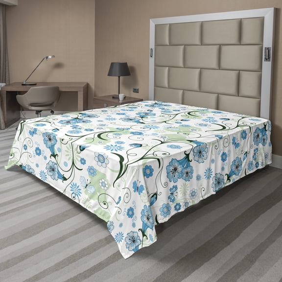 Ambesonne Floral Flat Sheet, Spring Season Plants, Queen Size, Pale Blue Pale Green