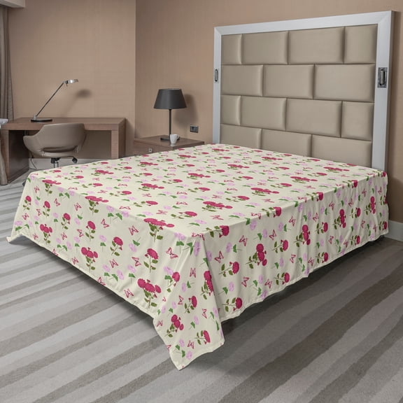 Ambesonne Floral Flat Sheet, Spring Time Spread Flowers, Queen Size, Grey Yellow Multicolor