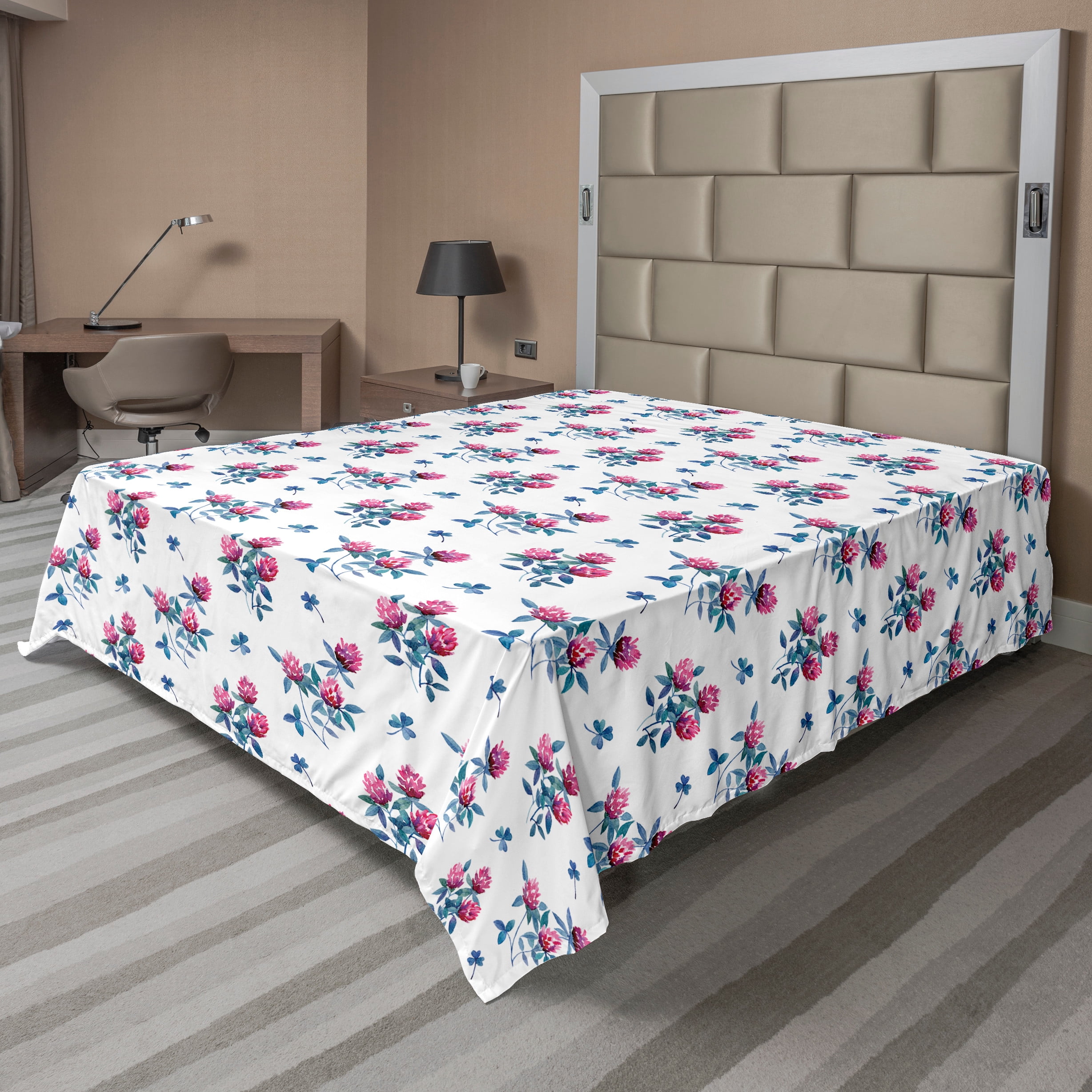 Queen Pink and White Floral Polyester Flat Sheet