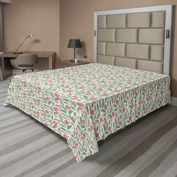 Ambesonne Floral Flat Sheet, Striped Flowers and Leaves, Queen Size, Ruby and Reseda Green