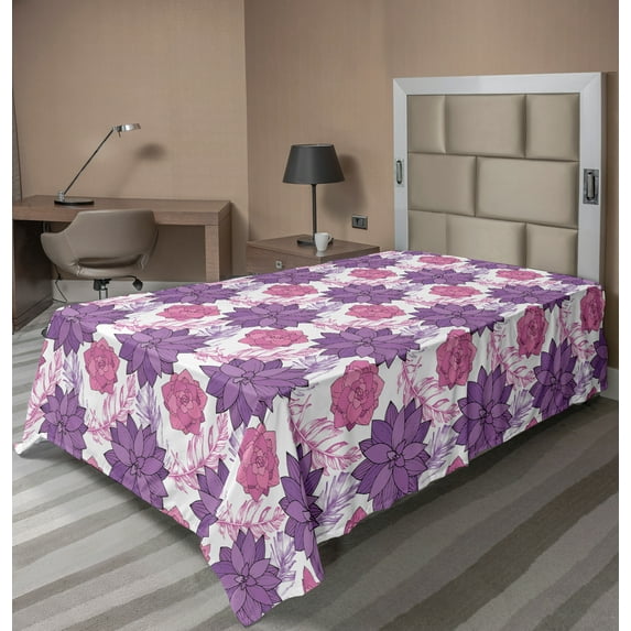 Ambesonne Floral Flat Sheet, Succulent Blossoms Pattern, Twin Size, Pink Violet and White
