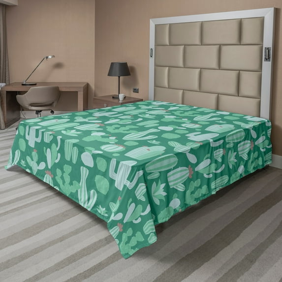 Ambesonne Floral Flat Sheet, Succulents and Cacti Art, King Size, Sea Green Seafoam and Rose