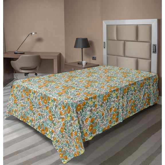Ambesonne Floral Flat Sheet, Summer Flowers Birds Humming, Twin Size, Seafoam Marigold