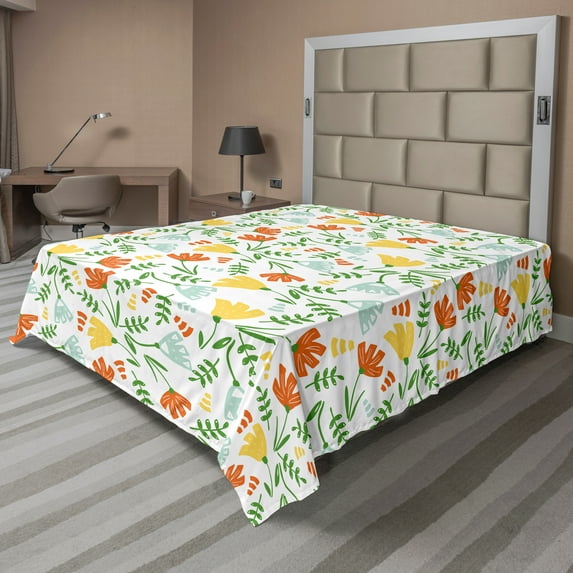 Ambesonne Floral Flat Sheet, Summer Seasonal Branches, King Size, White Multicolor