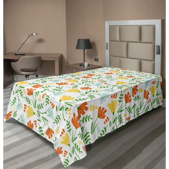 Ambesonne Floral Flat Sheet, Summer Seasonal Branches, TwinXL Size, White Multicolor