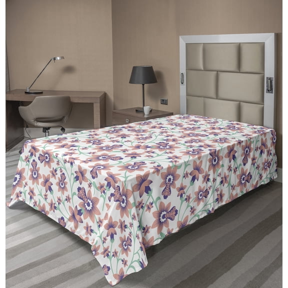 Ambesonne Floral Flat Sheet, Summer Style Retro Flowers, TwinXL Size, White and Multicolor