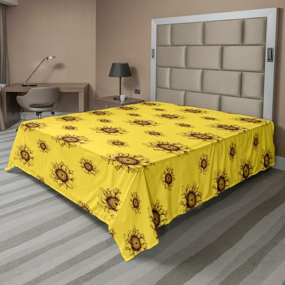 Ambesonne Floral Flat Sheet, Sun Flowers Hand Drawn Like, Queen Size, Dark Maroon and Mustard