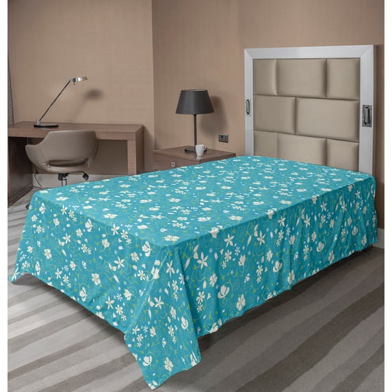 Ambesonne Floral Flat Sheet, Swirled Stalks Foliage, Twin Size, Green Blue White
