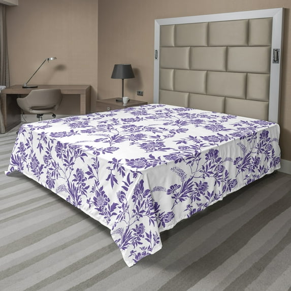 Ambesonne Floral Flat Sheet, Thriving Season Plants, Full Size, Violet and White