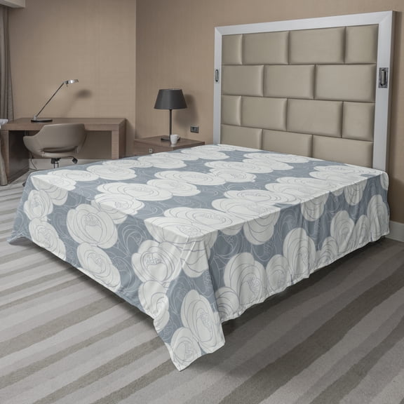 Ambesonne Floral Flat Sheet, Tone Rose Silhouettes, Full Size, Blue Grey Grey