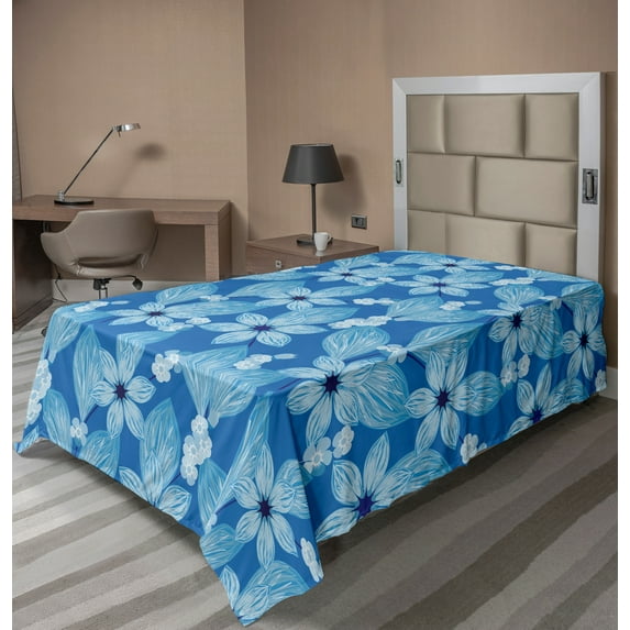 Ambesonne Floral Flat Sheet, Top View Flower Petals Scene, TwinXL Size, Azure Blue Pale Blue