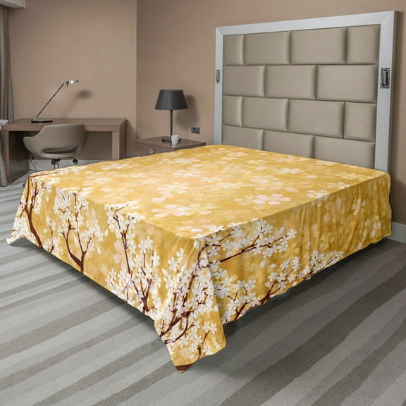 Ambesonne Floral Flat Sheet, Trees Blossom in Spring, Full Size, Yellow and White