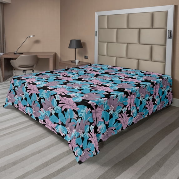 Ambesonne Floral Flat Sheet, Tropic Pattern Spring Petal, Full Size, Pale Muave Black