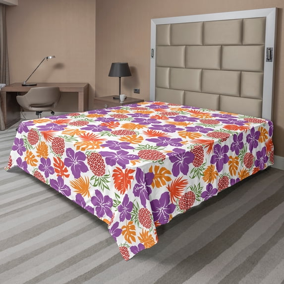 Ambesonne Floral Flat Sheet, Tropical Hawaii Hibiscus, Full Size, Multicolor