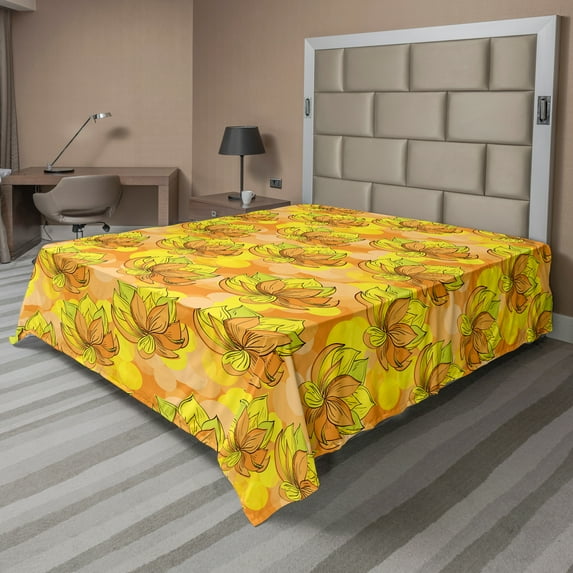 Ambesonne Floral Flat Sheet, Tropical Lotus Like Flowers, King Size, Pale Orange Yellow Green