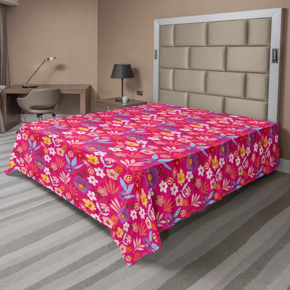 Ambesonne Floral Flat Sheet, Tropical Plants and Flowers, Full Size, Magenta Multicolor