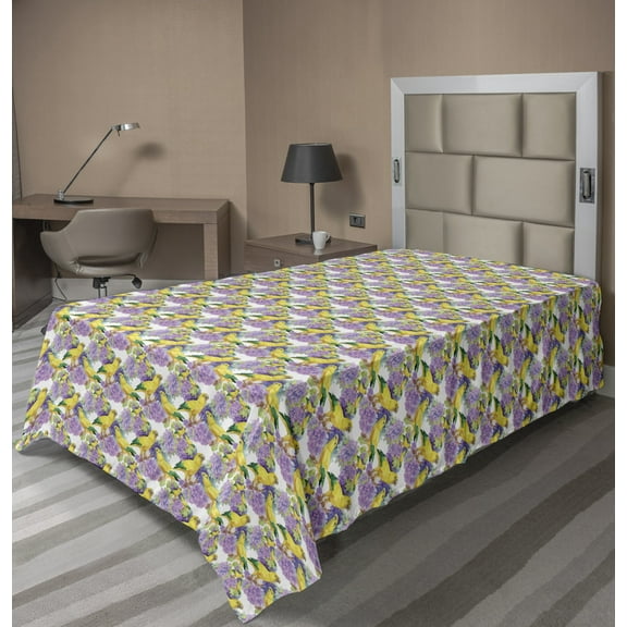 Ambesonne Floral Flat Sheet, Tropical Yellow Parrot Birds, TwinXL Size, Multicolor