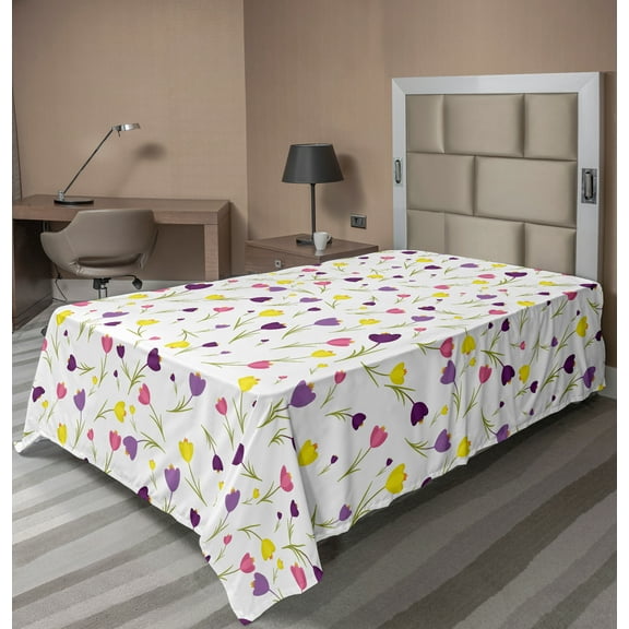 Ambesonne Floral Flat Sheet, Tulips Spring Romantic, Twin Size, Purple Yellow