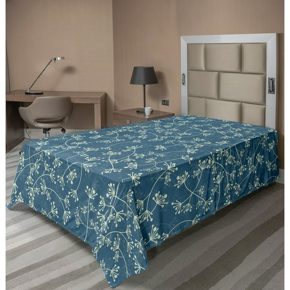 Ambesonne Floral Flat Sheet, Twiggy Spring Petal Blue, Twin Size, Pale Green Slate Blue