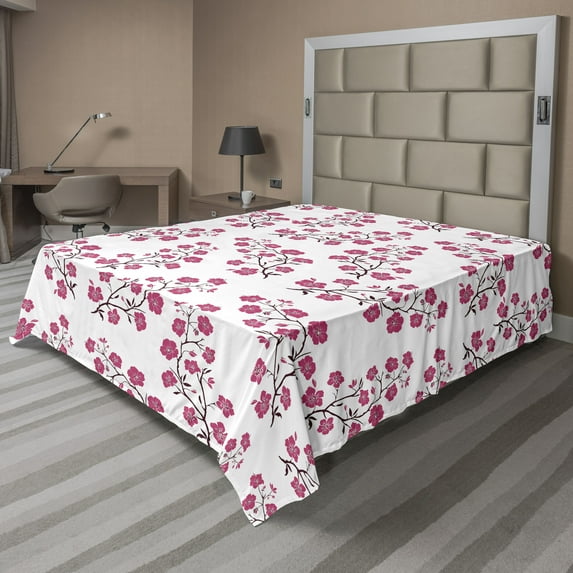 Ambesonne Floral Flat Sheet, Twigs of Sakura Tree, California King, Magenta Maroon White