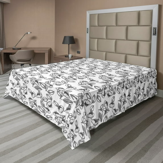Ambesonne Floral Flat Sheet, Uncolored Summer Flowers, Queen Size, Charcoal Grey White