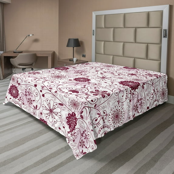 Ambesonne Floral Flat Sheet, Vibrant Baroque, Queen Size, Maroon Rose