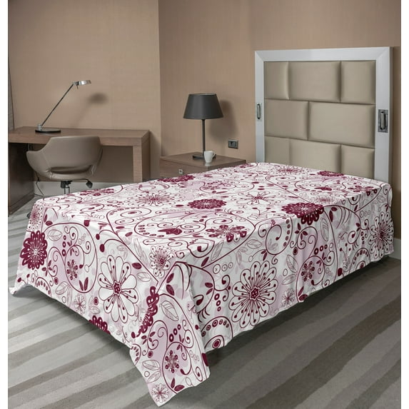 Ambesonne Floral Flat Sheet, Vibrant Baroque, Twin Size, Maroon Rose