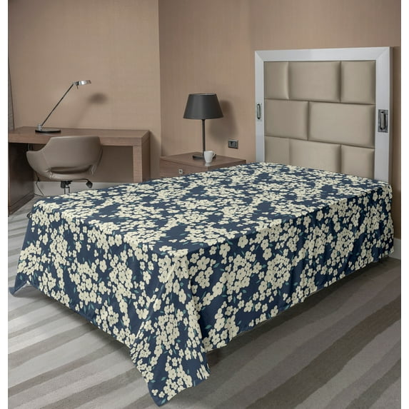 Ambesonne Floral Flat Sheet, Vibrant Little Blooms, TwinXL Size, Night Blue Ivory