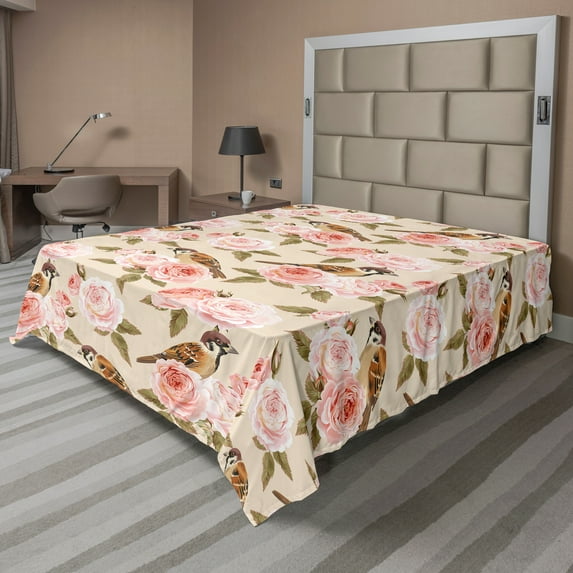 Ambesonne Floral Flat Sheet, Victorian Style Rose Flowers, King Size, Champagne Multicolor